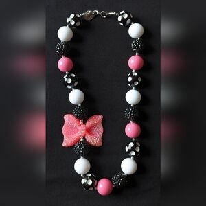 Handcrafted Artisan Girls Chunky Beaded Necklace - Pink, Black and White